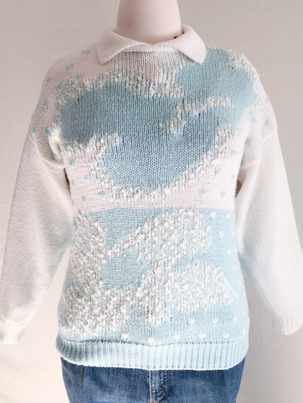 Vintage 80s Western Connection II Polo Collar Sweater Aqua White Plus Size 22W